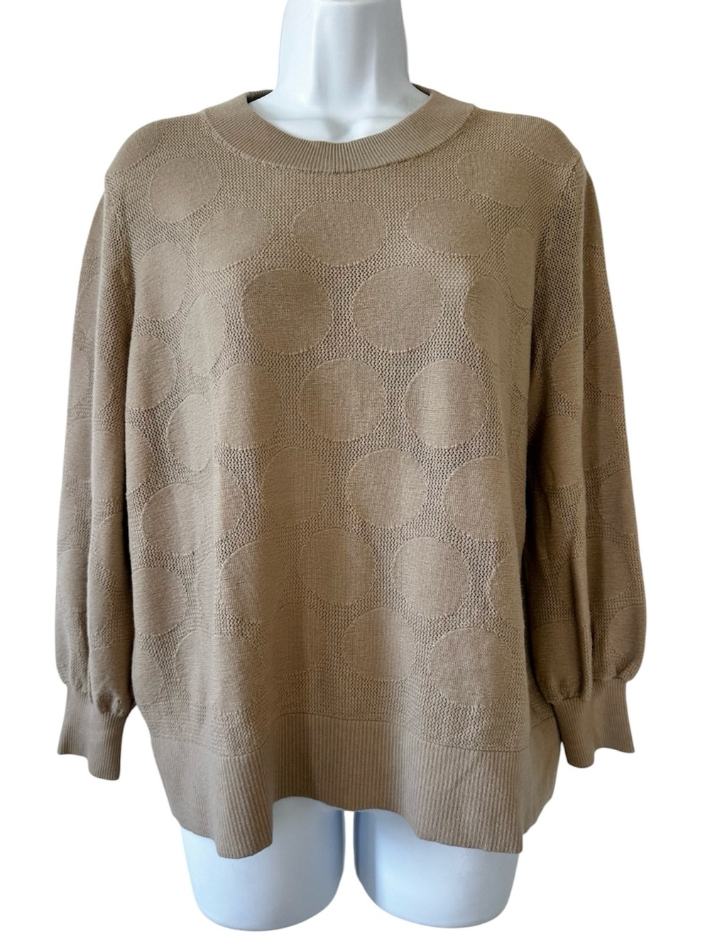 Akris Punto Women’s Tan Beige Polka Dot 100% Wool Crew Neck Sweater- Size 14